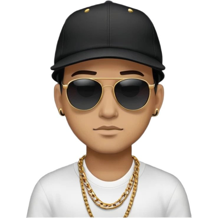man with black sunglasses, black cap, and gold chain, neutral expression emoji