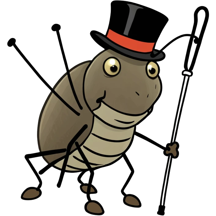 A cockroach on crutches with a top hat emoji