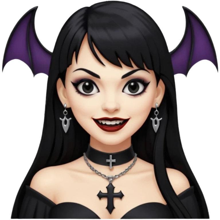vampira com cabelo preto longo e liso e franja, olhos pretos, brincos em formato de cruz, choker em formato de morcego, roupa preta com decote, batom preto e sorrindo mostrando as presas emoji