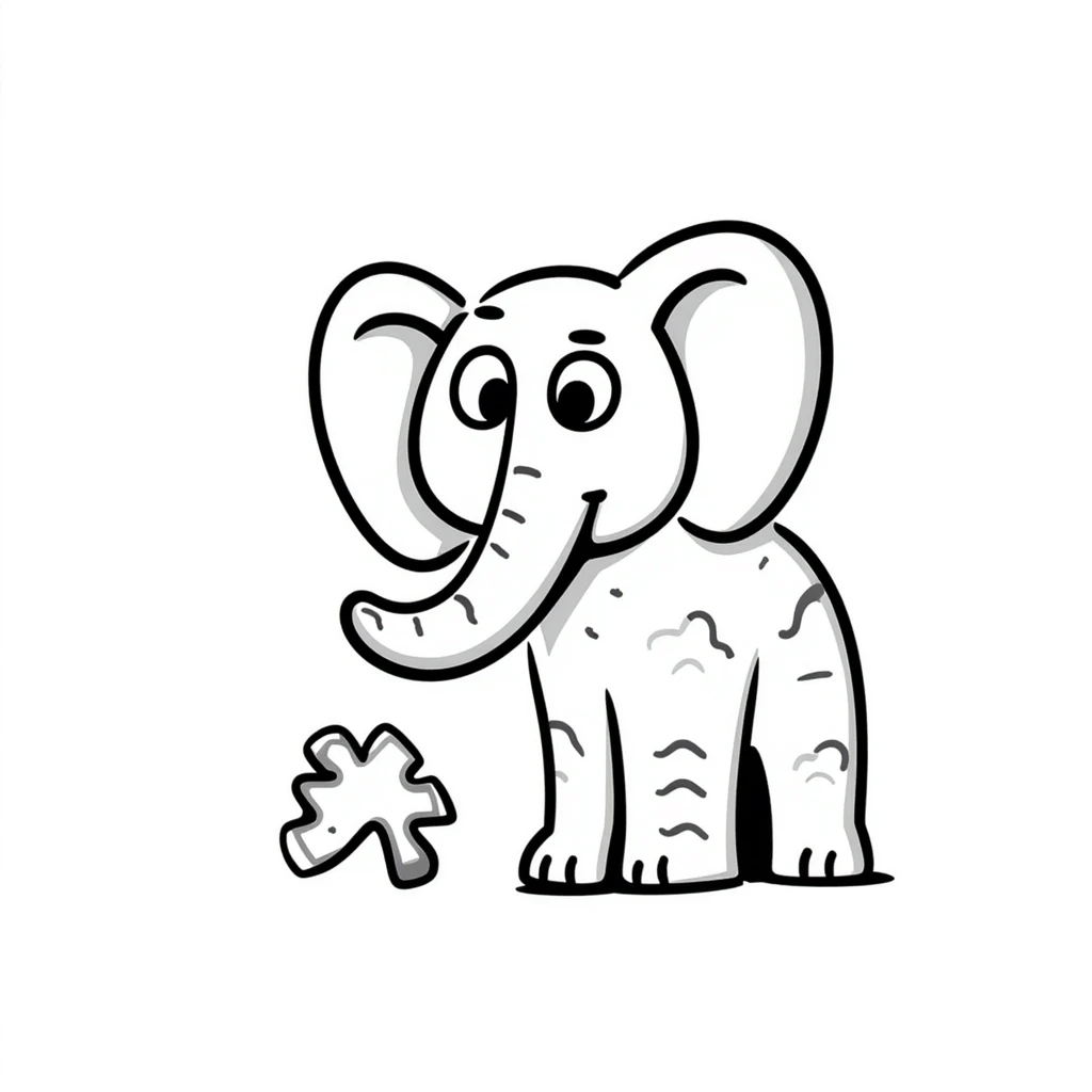 A hand-drawn wooden puzzle elephant toy with a silly cute expression and puzzle piece joints emoji