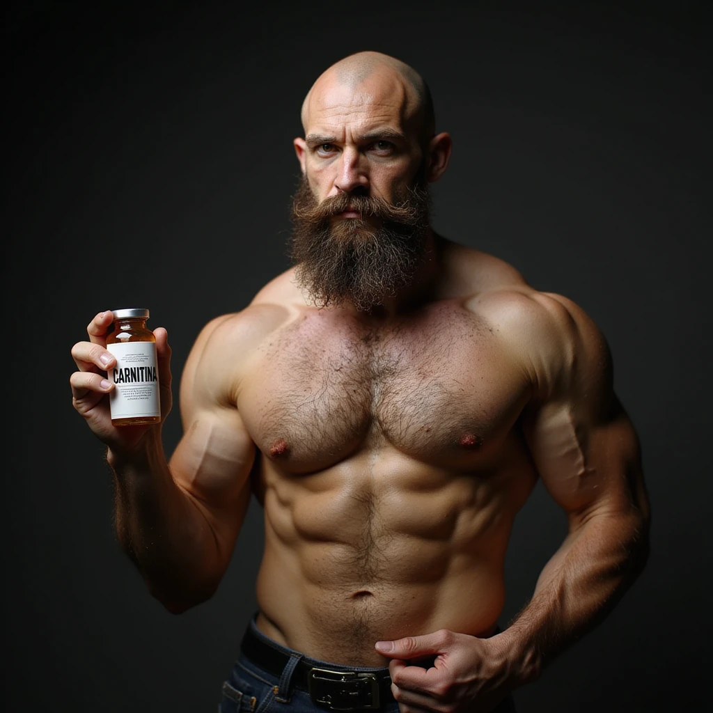 bodybuilder with beard, hyperrealistic, holding a vial with a label 'CARNITINA' in large block letters, 4k quality emoji