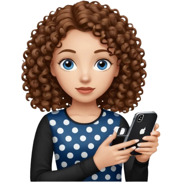 generate a pretty woman with blue eyes, light skin and medium brown curly shiny hair holding an iphone with a black and white polka dot case. she is looking at the phone and holding it in her hand. she is wearing a black long sleeve emoji