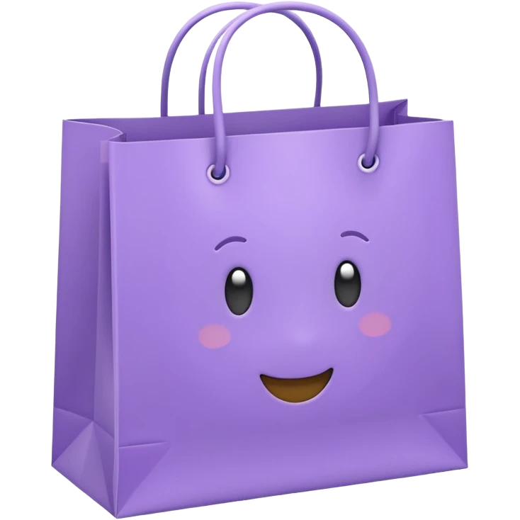 A cute emoji-style illustration of a purple paper shopping bag, pastel purple color, rounded shape, simple clean lines, kawaii style, soft shading, minimal details, centered composition, transparent background emoji