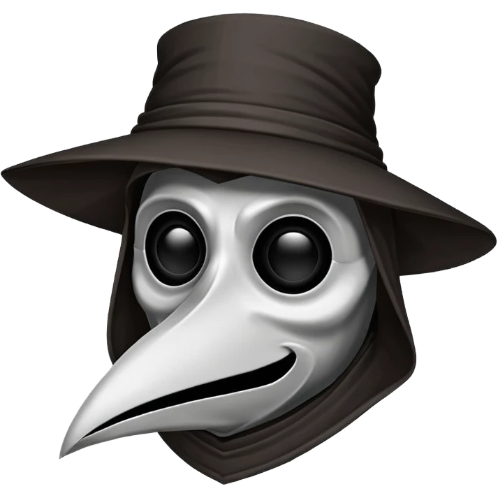 Morbid medieval plague doctor mask with a wide, sinister smile, visible in the empty eye sockets a tiny glow. Clean, stylized lines, flat vector illustration suitable for a small emote. Stylized as a medieval woodcut or metal engraving. Black and white with one accent color  emoji