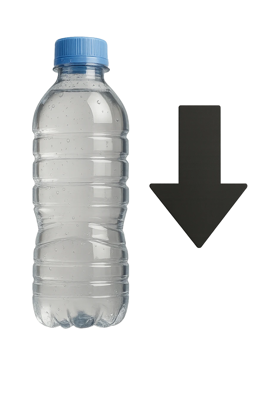 bottiglietta d'acqua con freccia giù fluttuano in aria iperrealistici emoji