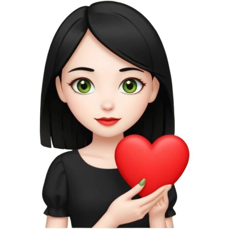 Pale girl with straight black hair and olive green eyes soft smile wearing black dress and holding a heart emoji