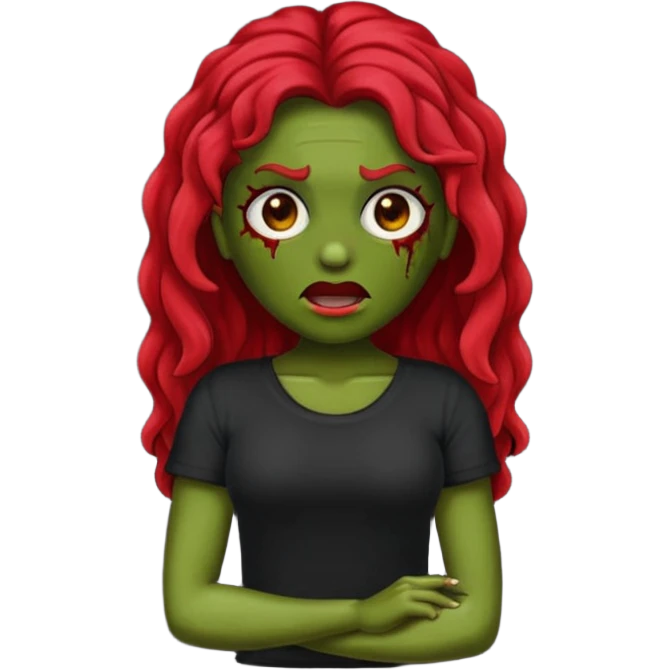 Faça me um emoji de um zumbi mulher de cabelos vermelho escuro longos ondulado usando uma blusa preta, faça no estilo iphone emoji