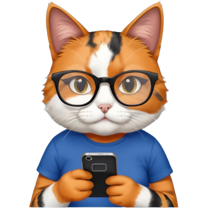 un gato de tres colores naranja, negro y blanco con gafas de leer con un celular en manos leyendo comentarios y que tenga una remera color azul oscuro que diga UOM emoji