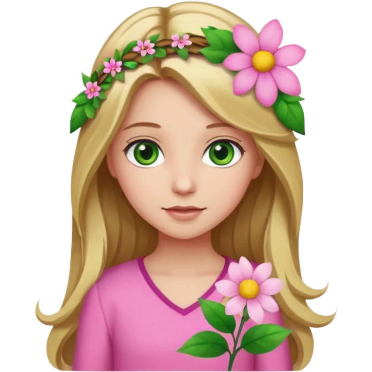 Girl profile picture with long browne and blonde hair and green eyes and a flower in her hair. and a pink outfit emoji