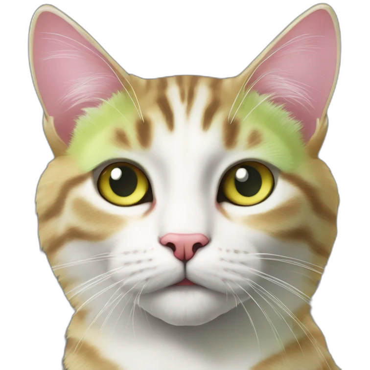 cat Tabby (Mainly black and a little brown) fluffy cat pink-nose light-green&yellow-eyes,-white-long-whiskers,-white-spots-near-the-nose,sharp chin.,long ears,sharp of the eyes emoji