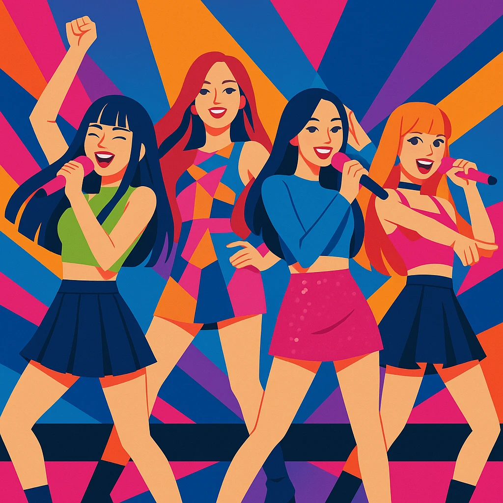 K-pop inspired Blackpink group, vibrant stage outfits, energetic poses, modern pop style, vibrant colors, dynamic composition emoji
