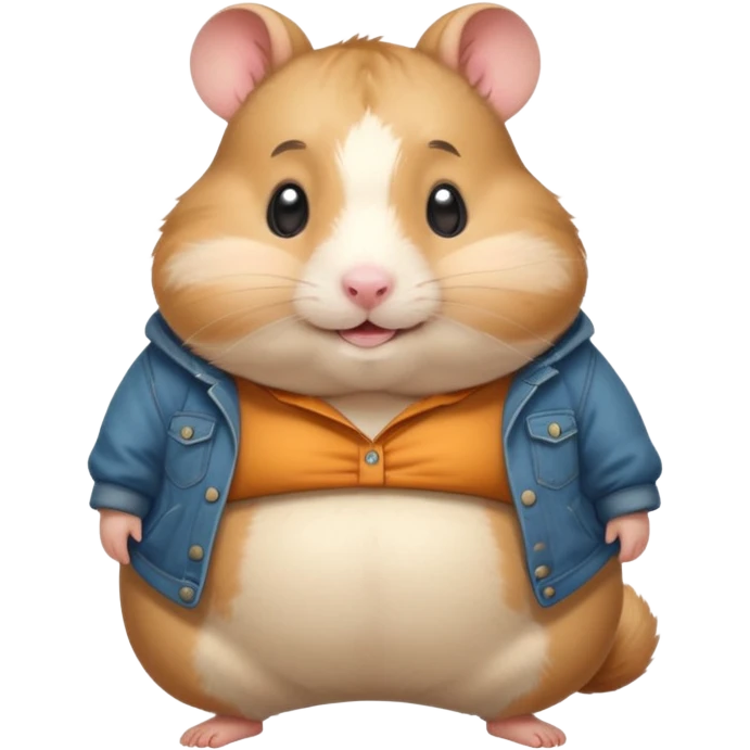 Cute chubby cartoon-style hamster wearing oversized pants that look too big, proud and smiling expression. Painterly shading, white background, sticker-style illustration emoji