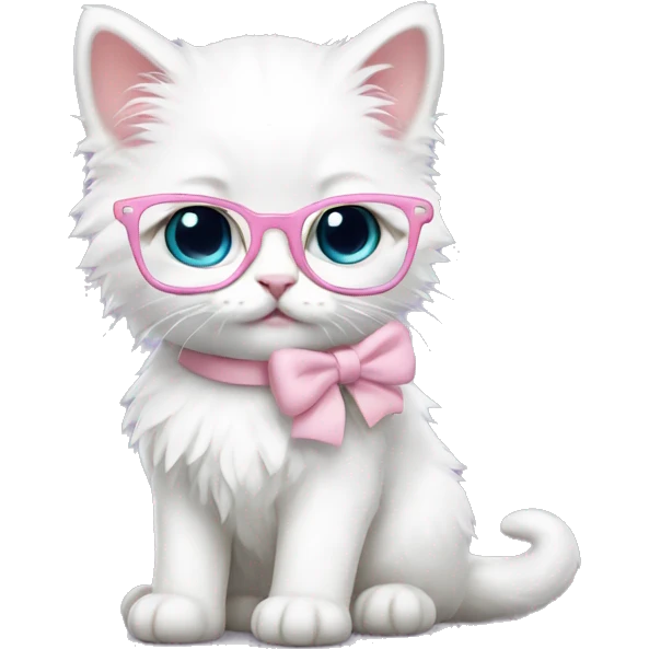 fluffy white kitten nerd with glasses and light pink bow emoji