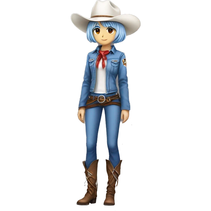 Rei ayanami in a cowboy costume, teen, full body. Only front view, no expression on the face. Make it genZ, stylist and cool, super realistic emoji