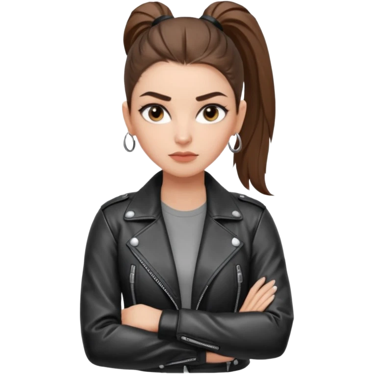 สีตาสีเทาอ่อน มีประกายคม
คิ้วได้รูป มองแล้วดูสตรอง
ผมหางม้าสูง
ลุคสตรีทแฟชั่น
ท่าโพสกอดอก
ฟีล: Girl Boss, cool beauty, minimal but powerful emoji