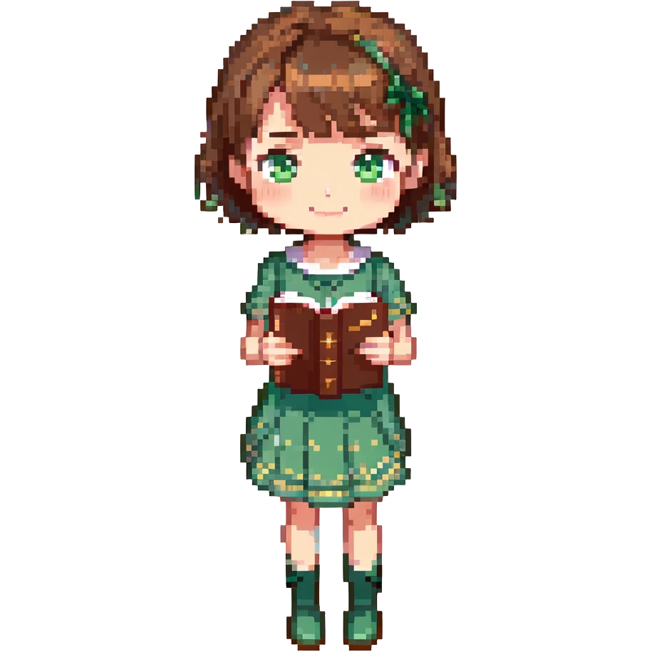 cute pixel art girl with short brown hair, big sparkling eyes, small friendly smile, wearing green dress, holding book, standing facing forward, chibi proportions, bright colors, soft shading emoji