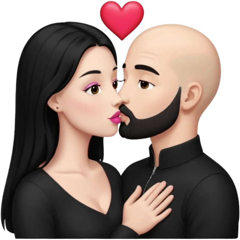👩🏻‍❤️‍💋‍👨🏻 this one but the man should be bald. white woman with long black hair and white bald young man whoitiut hair and a heart between their heads. she has pink lips and both have brown eyes. he has e full beard but short. both wear black. they kiss slowly emoji
