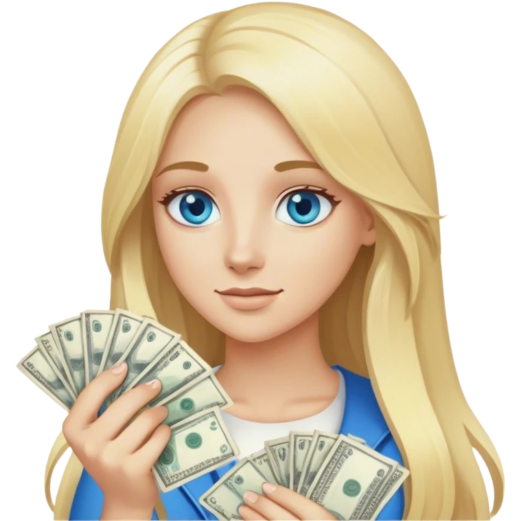 Cinematic realistic blonde with long hair, blue eyes holds money in her hands emoji