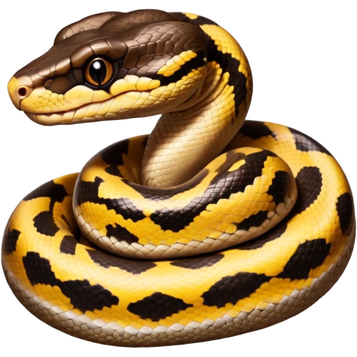 A photo-realistic digital illustration of a Ball Python, large headshot portrait. The snake has a short, rounded snout, smooth contours, and a calm, curious expression. Its head is warm brown with bold, irregular dark markings, including the signature “alien-head” pattern.  emoji