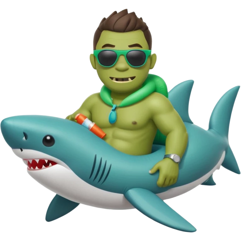 orc male sitting in an inflatable floatie shaped like a shark, wearing oversized sunglasses and a whistle on a neck cord, 2d emoji