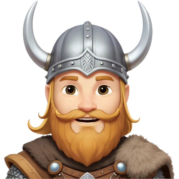 Clash of Clans aesthetic: Cinematic Playful Viking Portrait Emoji, Head tilted with a cheeky grin and twinkling eyes, featuring a compact, charming build with a modest, stylized Viking helmet and a playful beard, his face rendered in natural skin tone, Simplified yet irresistibly charming features, highly detailed, glowing with a warm, inviting radiance, high shine, spirited and lively, stylized with an air of whimsical Nordic mischief, soft glowing outline, capturing the essence of a playful Viking exuding friendly rogue charm! emoji