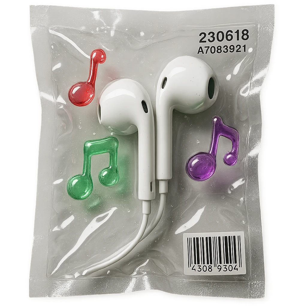 pair of white EarPods with three small glassy music notes in red, green, and purple floating around, glossy and inflated emoji