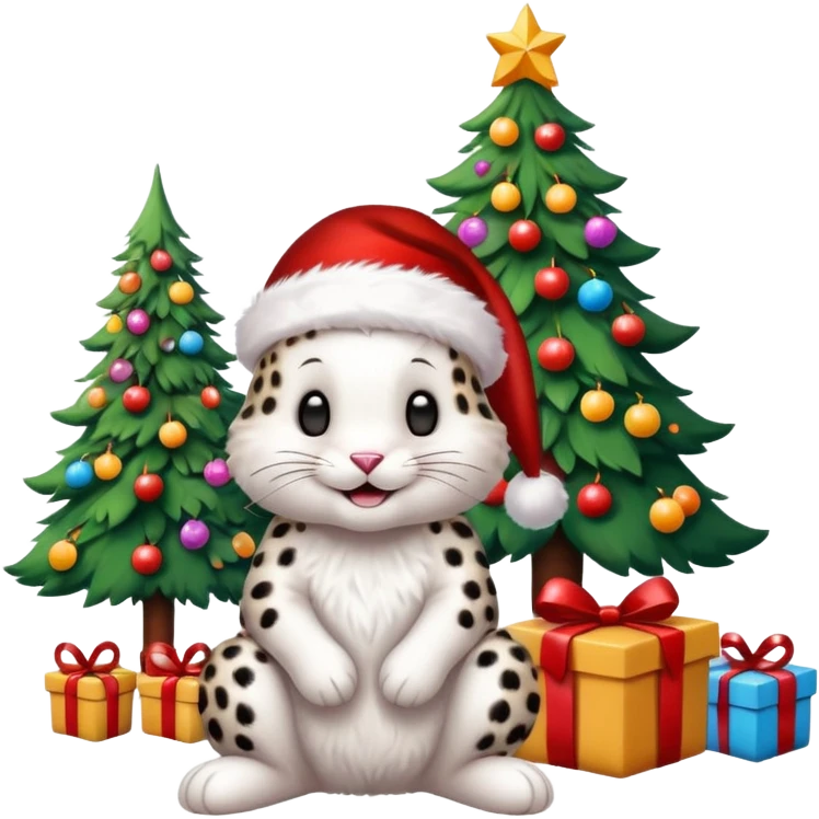 Smiling Bunny with Santa hat sitting by a Leopard as friends around brightly lit colorful Christmas trees and candy canes 🎁  emoji
