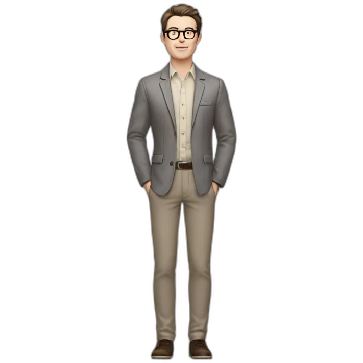 Full height Pale skinned Fit Man With dark brown hair in gray classic jacket, beige office shirt, Brown pants and vintage glasses. Thrumbs of his palms upwards emoji