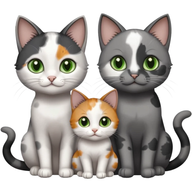 3 different coloured small cats including a dark grey and white, and a patchy calico with hazel eyes and a completely solid dark grey with green eyes and only white paws emoji