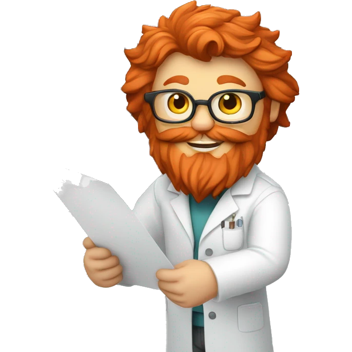 A red-bearded cat engineer in a lab coat holds a white piece of paper next to a 3d printer. emoji