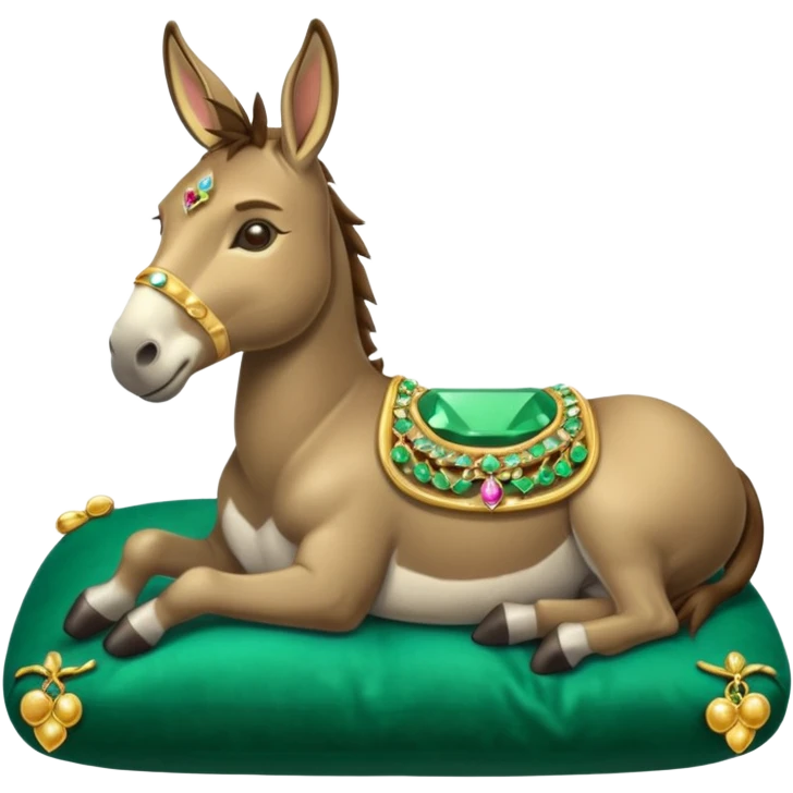 cartoon donkey lounging on a velvet pillow, surrounded by luxury items like jewels and gold, with a smug expression, emoji style emoji