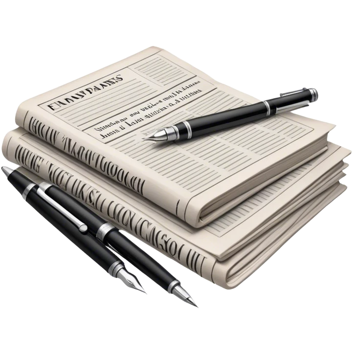 Create an emoji representing journalism and publicistic writing. The design should feature a stack of newspapers, an open notebook with visible text, and a single fountain pen placed near the notebook, symbolizing the act of writing. Use neutral, professional colors like black, white, and muted tones to convey a sense of seriousness and intellect. Do not include any emojis or smiley faces. Make the background transparent. emoji
