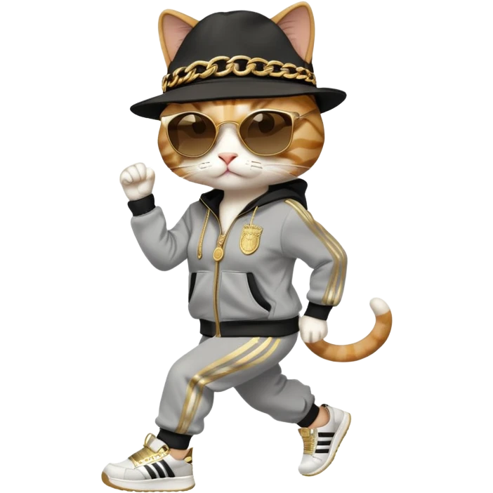 female cat dressed like Run DMC, tracksuit, fedora, gold chains, Adidas shoes, dark sunglasses, upright pose emoji