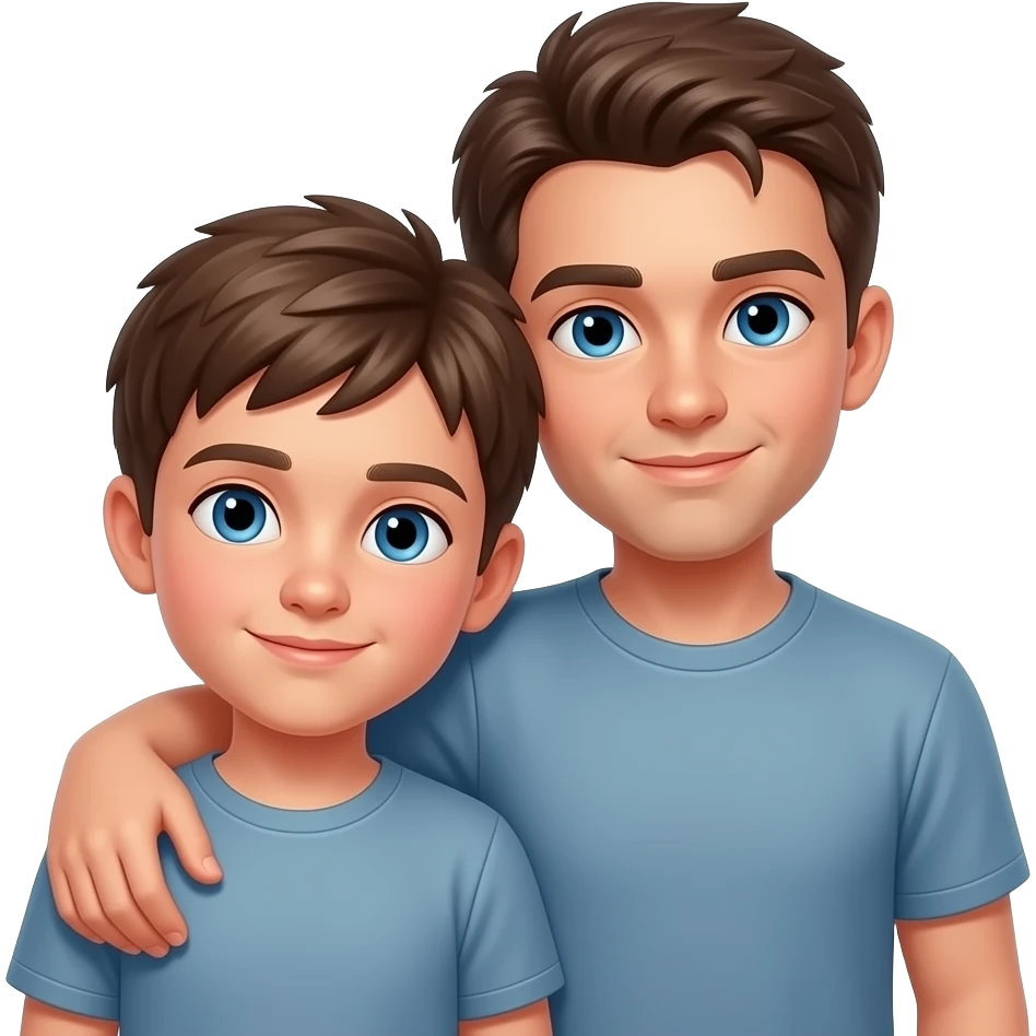 Erstelle ein Emoji von zwei Brüder, der eine um die 20 und der andere um die 24, der älter Bruder legt sein Arm über sein jüngeren Bruder und beide legen die Köpfe aneinander. Beide haben blaue Augen emoji