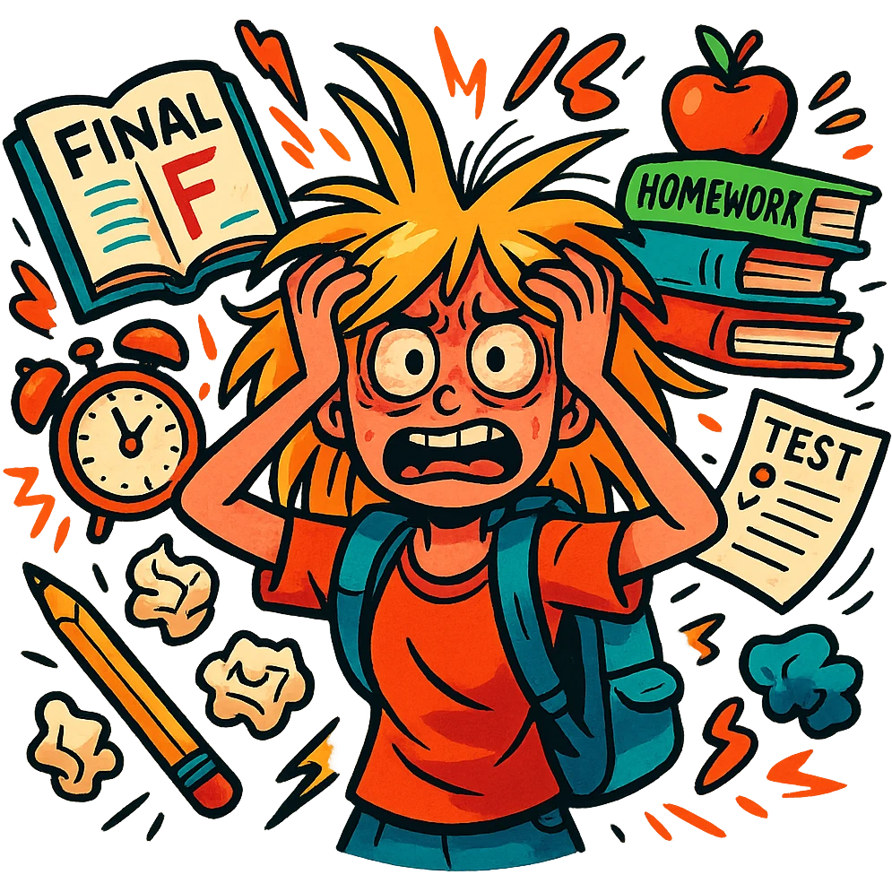 vibrant-toon style blonde straight-haired girl in survival mode, wild hair, surrounded by chaos, last month of school emoji
