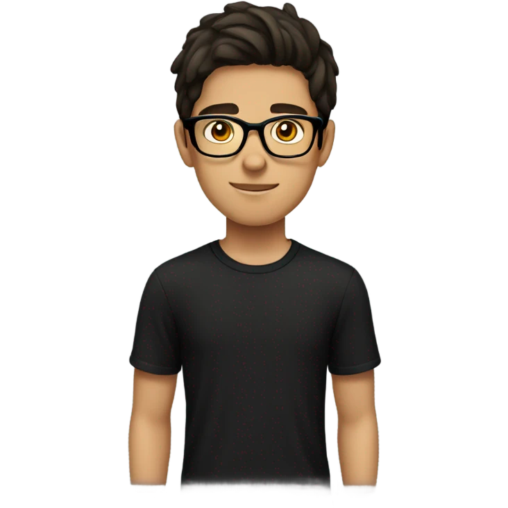 teenage boy with dark brown hair and black t shirt with glasses emoji
