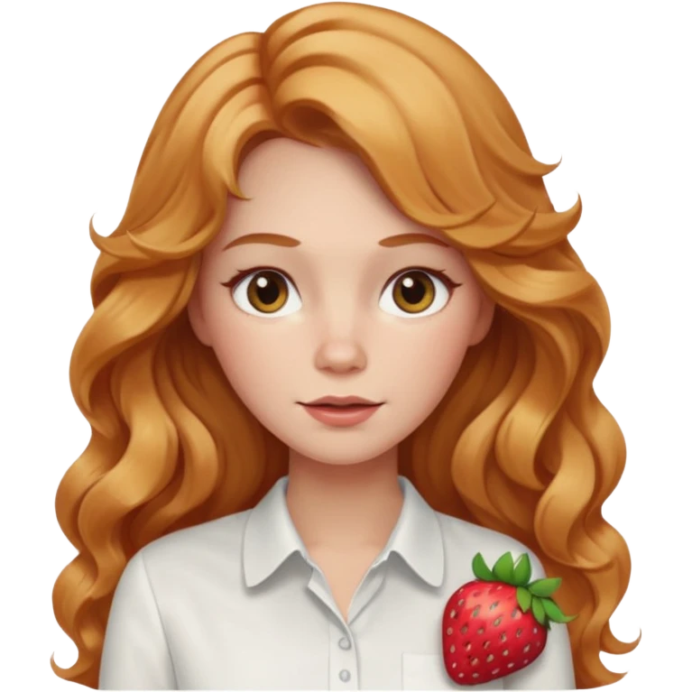 white adult woman with strawberry blonde super long wavy hair, white shirt, blushed cheeks emoji