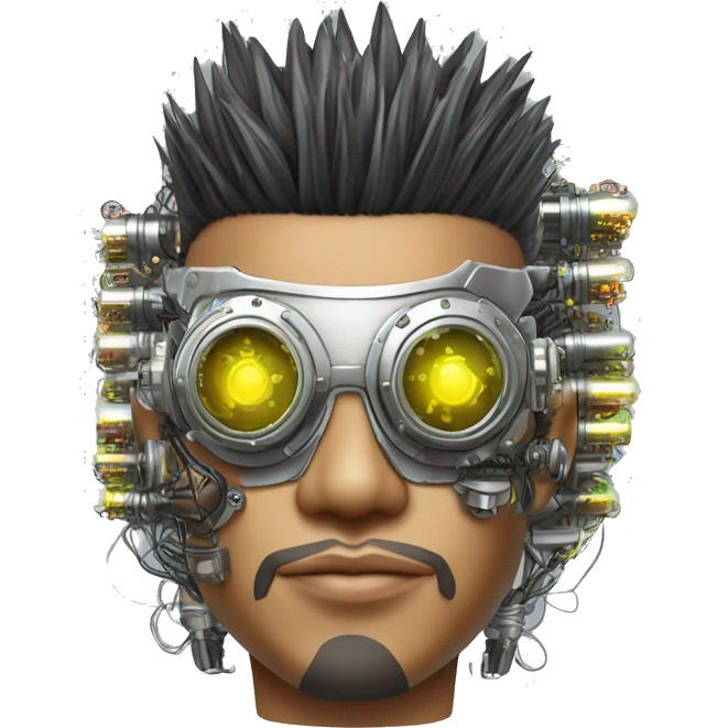 Mohawk hair Asian male cyborg head with neon silver steampunk goggles and circuits emoji