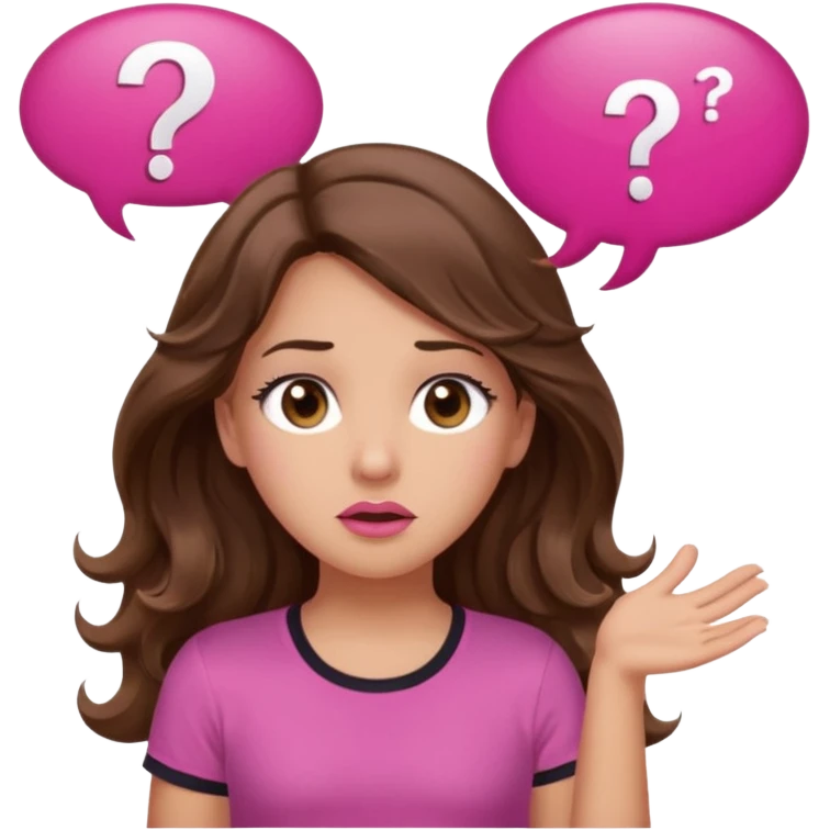 girl with long wavy brown hair, brown eyes, light to medium complexion, in a pink shirt, pink lips, long lashes, shugging, question mark one speech bubble emoji