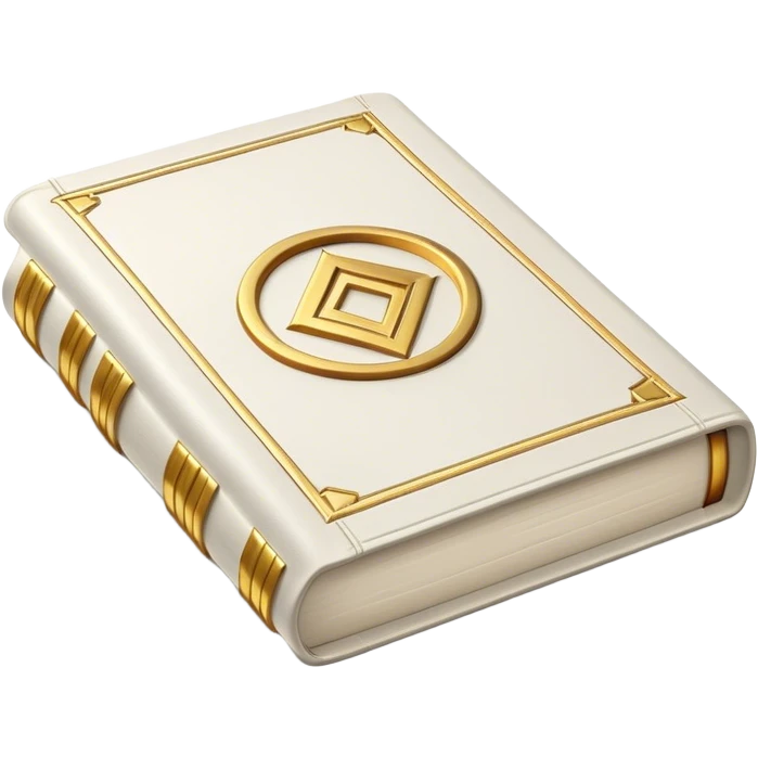 A white leather book with golden accents, smooth and polished, embossed with a symbol of six pillars, or a glowing mirror, radiating strength, confidence, and the power of self-worth.  emoji