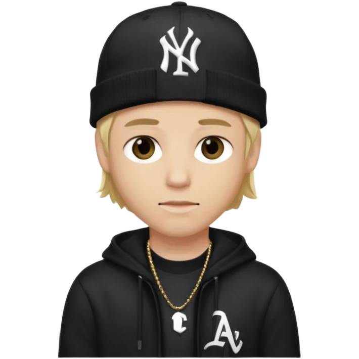 rapper da trắng, tóc vàng, full đen, có mũ len hãng MLB, đẹp trai
 emoji