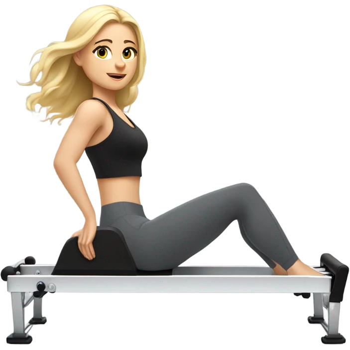Girl on a Pilates reformer machine, mid-exercise, wearing leggings and a top, blonde emoji
