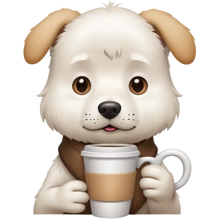 A white dog holding a coffee cup looking stressed and busy emoji