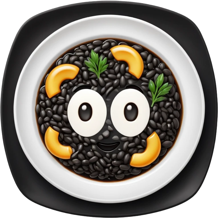 cinematic-realistic-black-risotto-dish-emoji,-showcasing-small ring pieces in black sauce -rendered-with-bold-textures-and-dynamic,-dramatic-lighting in a white plate emoji