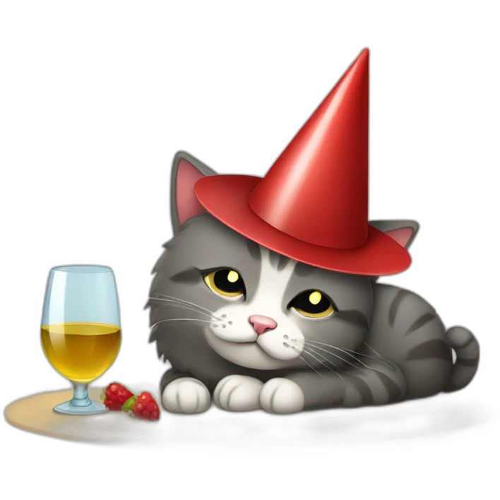 depressed tired kitty drinking wine and party hat on emoji