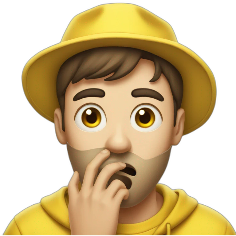 guy in a yellow clothing is shocked, covering his mouth with  hend emoji