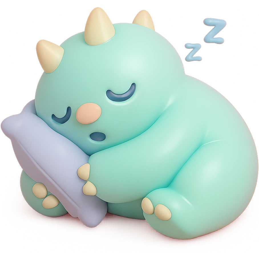 monster curled up with a pillow, snoring, gentle pastel palette, no background, vinyl figure style emoji