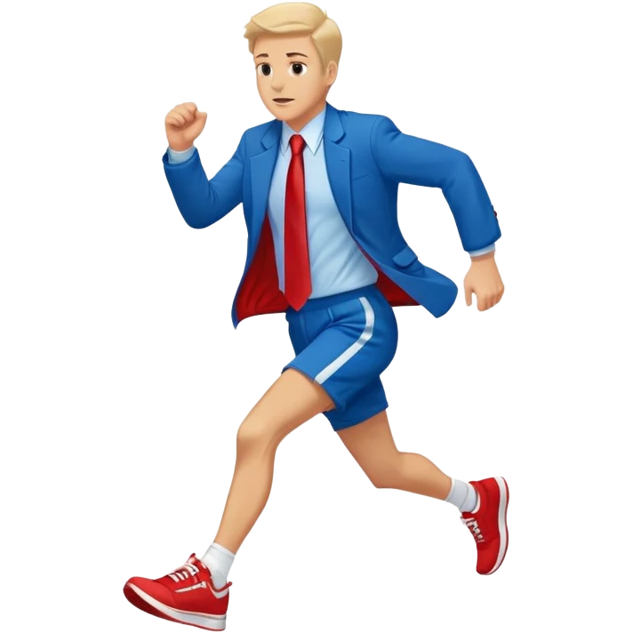 a running white man wearing a blue jacket, shorts, red sneakers, and a flowing red tie emoji