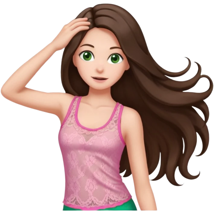 super long haired brunette with middle part cute pink lacy tank white but tan green eyes doing a hairflip emoji
