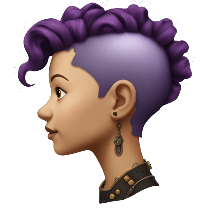 Photorealistic steampunk profile short mohawk purple wavy  on Caucasian girl with small nose round face emoji
